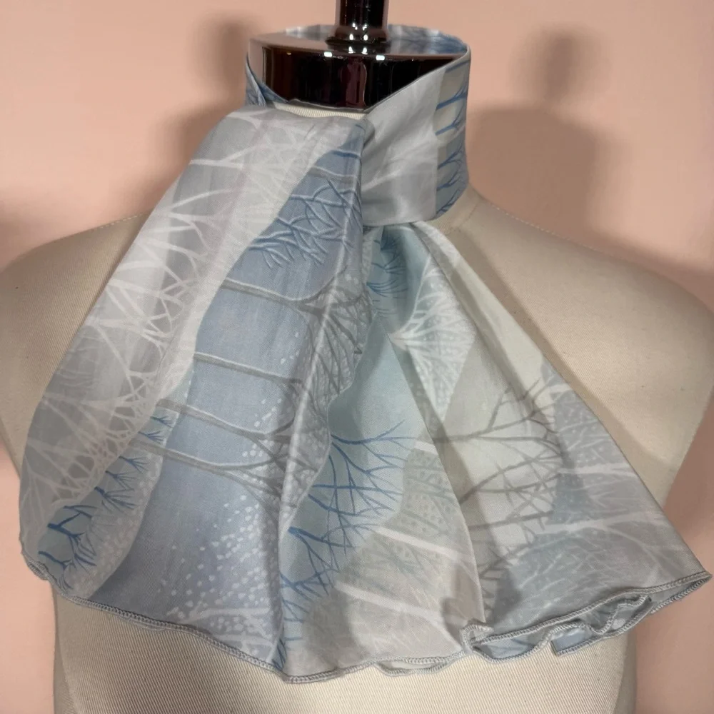 Vintage 1970’s winter tree snow Blue white polka dots Mod cravat Bow neck Scarf